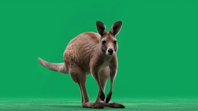 A kangaroo standing upright on a green background looking directly at the camera with its arms down green screen animal video