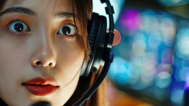 Intense Focus: A focused woman with striking eyes, headphones on, captures the intensity of competitive gaming, eyes fixated on the screen. 
