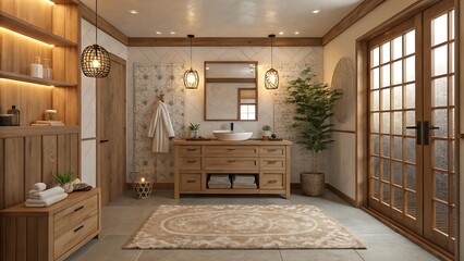 Fototapeta premium A bright bathroom with wooden cabinets a large mirror and a plant near the french doors and pendant lights