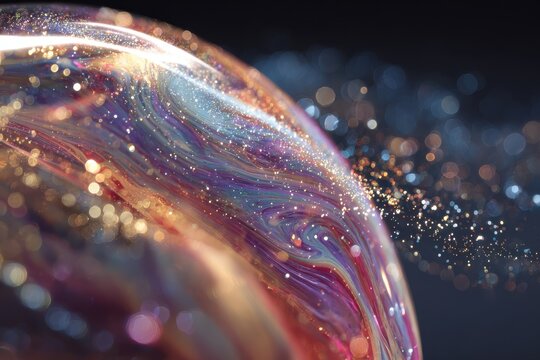 Abstract Iridescent Bubble with Glowing Particles and Fluid Motion - Powered by Adobe