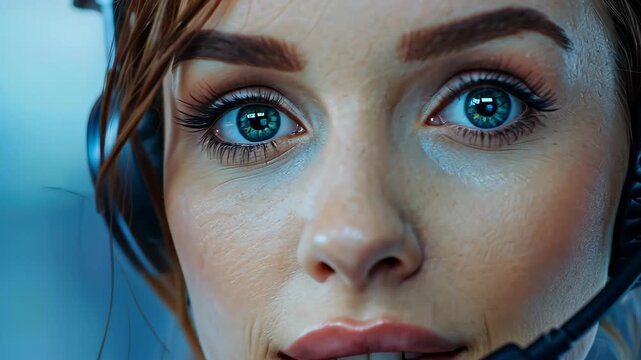 Intense Focus: A striking close-up of a woman engrossed in a call, her eyes reflecting a captivating intensity as she delivers assistance.