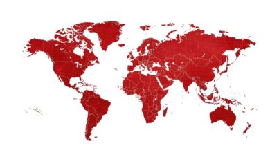 Red world map, detailed borderlines, scattered points