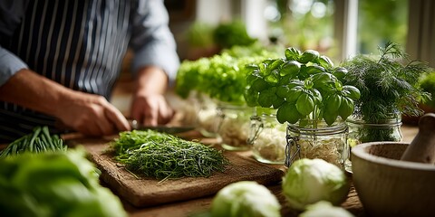 a person cutting vegetables on a wooden cutting board, herbs and flowers, fresh basil, greens,