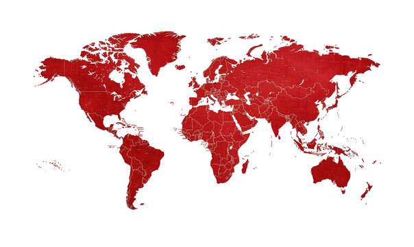 Red world map, detailed borderlines, scattered points