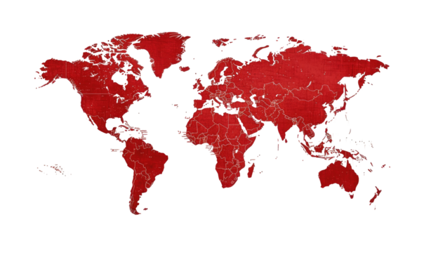 Red world map, detailed borderlines, scattered points