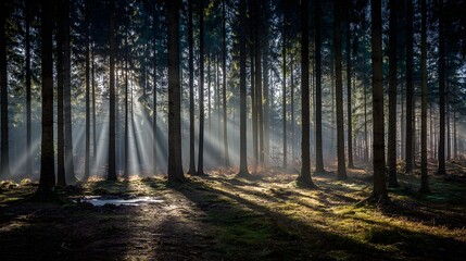 Sunlight streams through a dense forest.