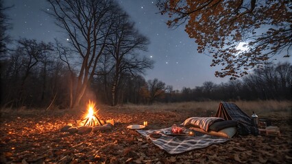 A cozy campsite under the stars with a warm bonfire and a tent in an autumn forest setting at night