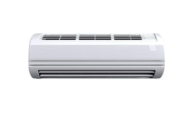 A white, modern, wall-mounted air conditioner unit, featuring a smooth, rounded design and a series of vents
