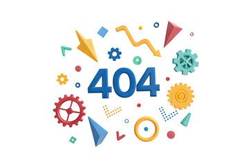 3D render of bold blue '404' numbers surrounded by colorful geometric shapes,