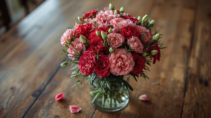 A glass vase filled with a bouquet of red and pink carnations on a rustic wooden table, accented with greenery and scattered petals.