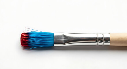 Fototapeta premium Close up of a paint brush with blue and red paint on the bristles lying on a white surface studio shot ai generated
