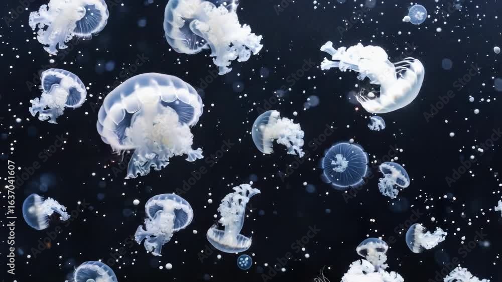 Poster a group of jellyfish floating in the ocean or sea, perfect for use as a background or element in you