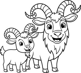 Cute cartoon goats, smiling baby and adult goat, farm animals illustration, friendly livestock characters, kids coloring page, adorable wildlife, happy goat family drawing