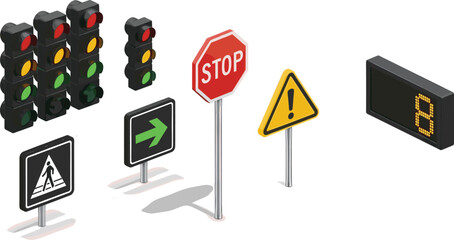 Traffic signal and road sign icon set, isometric vector illustration of stop signs, pedestrian crossing, lights, warning signs, traffic countdown timer design