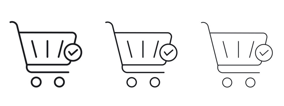 Shopping cart check icon logo black pictogram set. Graphic simple vector icon