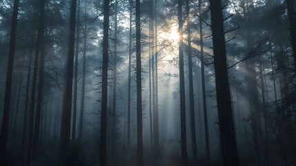 Mysterious dark forest landscape with tall trees and rays of sunlight breaking through foggy mist, perfect for fantasy, horror, mystery, nature, and atmospheric background themes