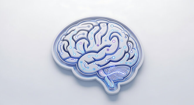 Stylized brain illustration with circuit board design on a white background studio shot top view ai generated