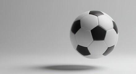 Obraz premium Floating Soccer Ball Black and White on Grey Backdrop
