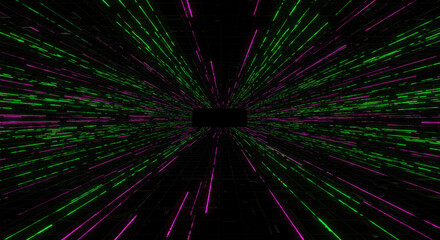 Abstract Geometric Space with Green and Purple Neon Lights