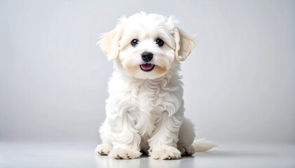 Obraz premium Adorable white puppy sits on a plain background