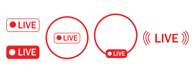 Red live streaming icon set with broadcasting buttons, online stream symbols and live logo, vector illustration on transparent background