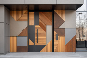 Modern entrance door, geometric shapes, clean lines, combination of wood and metal