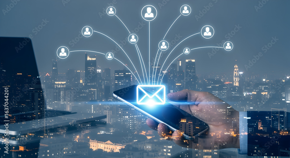 Aufkleber man holds glowing email icon smartphone with cityscape background and laptop displaying network icon