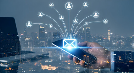 Man Holds Glowing Email Icon Smartphone with Cityscape Background and Laptop Displaying Network Icons for Global