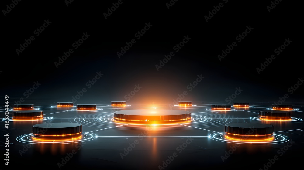 Aufkleber circular, glowing platforms arranged in a network pattern on a dark background.