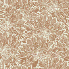 Aesthetic Line Drawing Wavy Dahlia Flowers Vector Seamless Pattern, Line Art Hand Drawn Elegant Wedding Backdrop, Summer Floral Waves Intricate Closeup Abstract Textile or Fabric Design