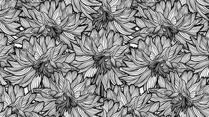 Line Drawing Wavy Dahlia Flowers Vector Seamless Pattern, Line Art Hand Drawn Elegant Wedding Backdrop, Summer Floral Waves Intricate Closeup Abstract Textile or Fabric Design