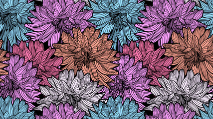 Colorful Line Drawing Wavy Dahlia Flowers Vector Seamless Pattern, Line Art Hand Drawn Elegant Wedding Backdrop, Summer Floral Waves Intricate Closeup Abstract Textile or Fabric Design