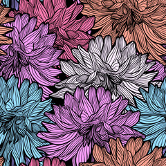 Colorful Line Drawing Wavy Dahlia Flowers Vector Seamless Pattern, Line Art Hand Drawn Elegant Wedding Backdrop, Summer Floral Waves Intricate Closeup Abstract Textile or Fabric Design