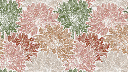 Aesthetic Line Drawing Wavy Dahlia Flowers Vector Seamless Pattern, Line Art Hand Drawn Elegant Wedding Backdrop, Summer Floral Waves Intricate Closeup Abstract Textile or Fabric Design