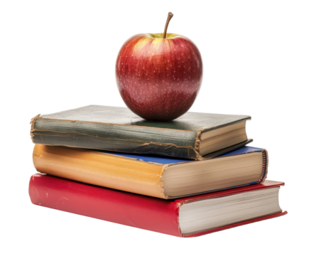 Red apple atop a stack of aged books