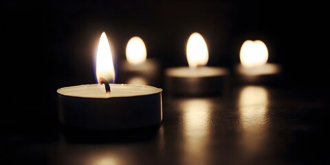 Closeup Burning Tea Light Candles Dark Background