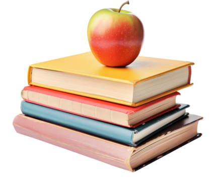 A vibrant red apple rests atop a stack of colorful books - Powered by Adobe