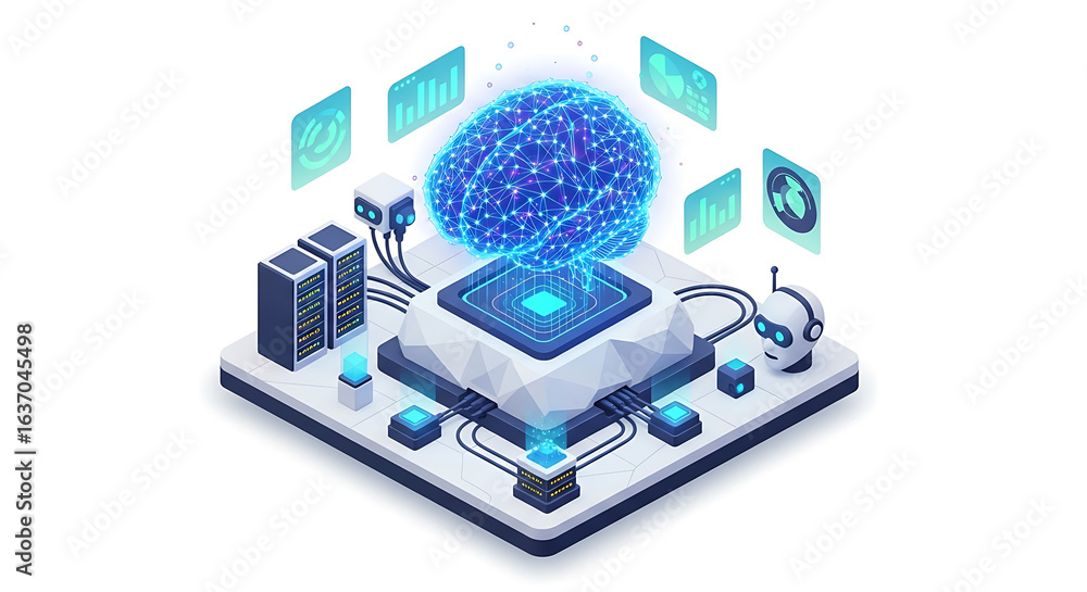 Poster isometric illustration of a blue brain connected to servers and a robot head on a platform ai genera