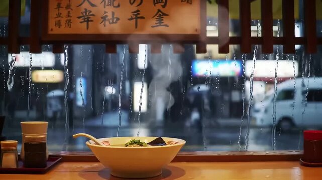 A steaming bowl of ramen sits on a wooden counter in a cozy Japanese ramen shop, with a rainy city view outside the window. Enjoy this relaxing food scene.