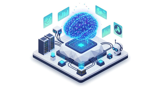 Isometric illustration of a blue brain connected to servers and a robot head on a platform ai generated