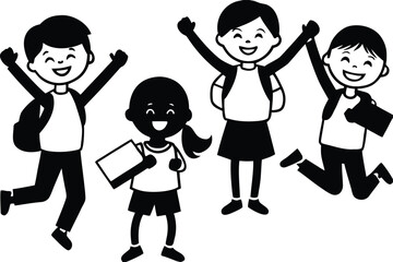 Joyful students with backpacks and books celebrating