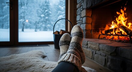 A cozy indoor scene from a low-angle perspective, showing a pair of wool socks by a crackling fireplace. Outside, through a large window, a quiet, snowy landscape is visible with a light snowfall.
