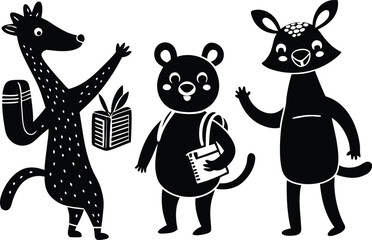 Three cute black animals with backpacks and books ready for school