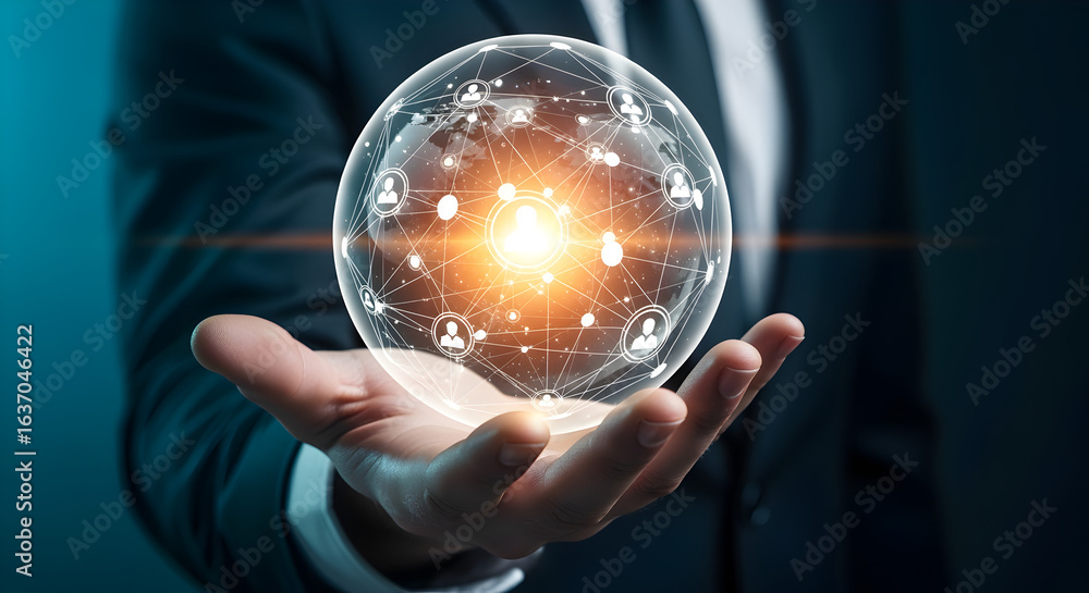 Poster man in suit holding a glowing connected globe in hand representing global connectivity and future te