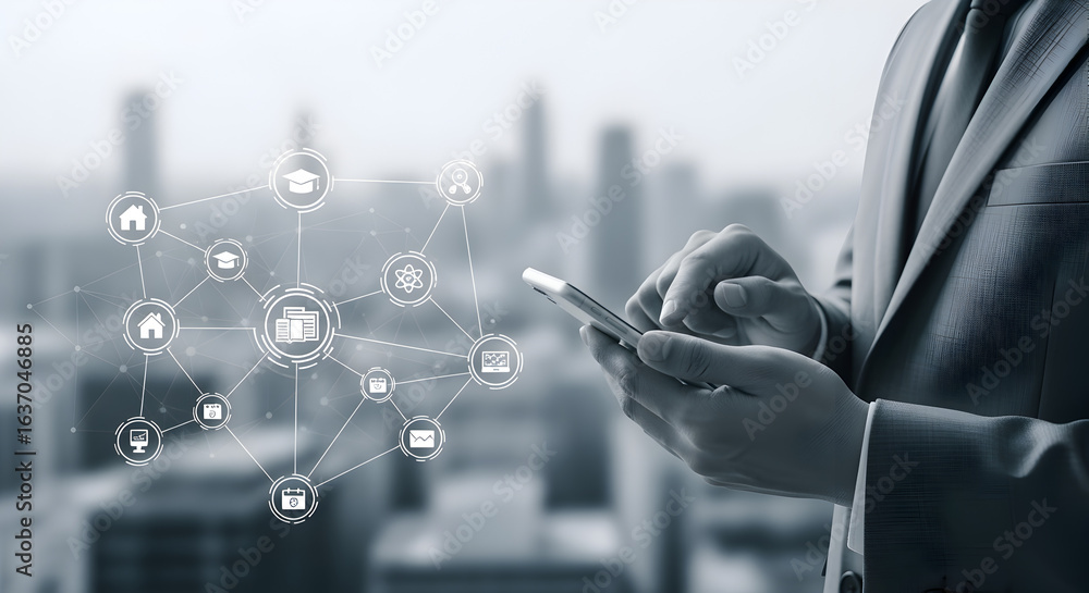 Poster man in suit using smartphone with network icons overlayed and blurred cityscape background in graysc