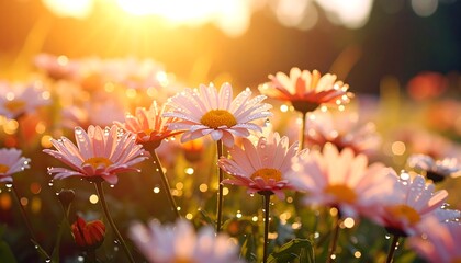 Delicate pink daisies bathed in golden sunlight