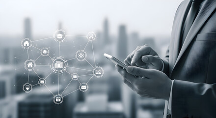 Man in Suit Using Smartphone with Network Icons Overlayed and Blurred Cityscape Background in Grayscale