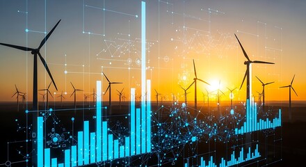 Wind turbines generating clean energy with financial data analysis charts and graphs at sunset