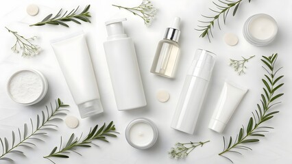 Natural beauty products arranged with greenery on a white background