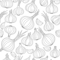 seamless onion and garlic pattern fresh produce line art for culinary designs